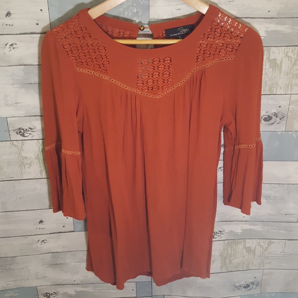 Suzanne Betro Burnt Orange Bell Sleeve Top